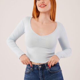 Geniş Yaka Bebe Mavisi Basic Body Bluz