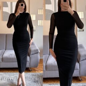 Kadın Drapeli Tül Kumaş Uzun Kollu Midi Boy Elbise