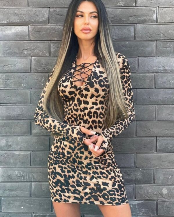 Kadın Uzun Kollu Leopar Desen Kuşgözü Dekolte Detay Mini Elbise - Görsel 4