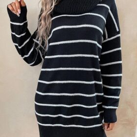 Kadın Uzun Kollu Degaje Yaka çizgili Sonya Iplik Mini Boy Triko Elbise (kemersiz)