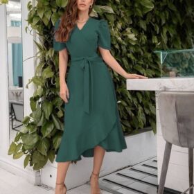 Kadın Kruvaze Yaka Midi Boy Kuşaklı Krep Elbise 120 Cm