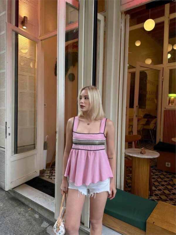 HASIR ŞERİTLİ ASKILI BLUZ - Pembe