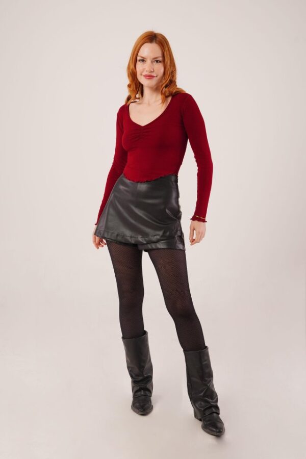 Geniş Yaka Bordo Basic Body Bluz - Görsel 2