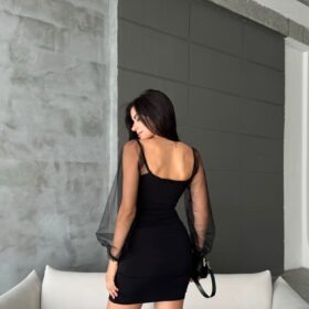 Kadın Sandy Kumaş Kolları Tül Detaylı Mini Boy Elbise