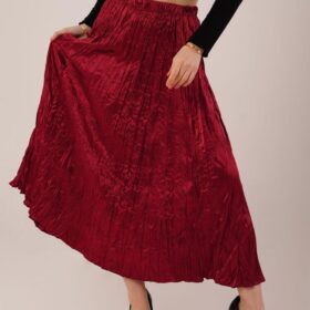 Midi Boy Pileli Saten Bordo Etek