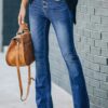 Kadın Yüksek Bel önden Düğmeli Cep Detay Ispanyol Paça Denim Pantolon - Görsel 4