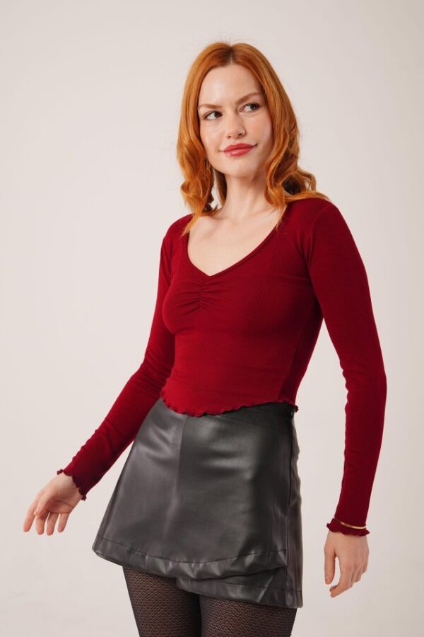 Geniş Yaka Bordo Basic Body Bluz - Görsel 3