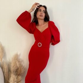 Kadın Kalp Yaka Sırt Dekolteli Kemer Toka Detay Midi Boy Elbise