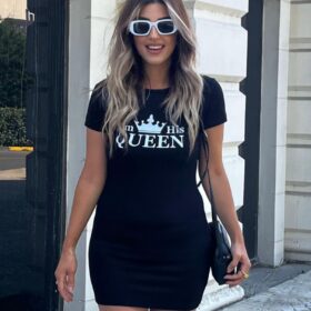 Kadın Kısa Kollu Queen Baskı Iki Iplik Mini Elbise