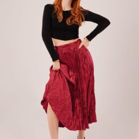 Midi Boy Pileli Saten Bordo Etek