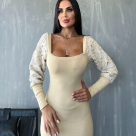 Kadın Kare Yaka Kolları Manşet Ve Tül Detay Fırsat ürün Midi Boy Elbise