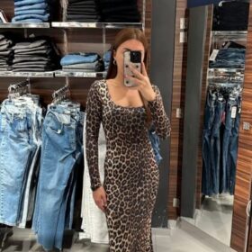 Kadın Kare Yaka Full Likralı Leopar Desen Maxi Boy Elbise
