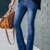 Kadın Yüksek Bel önden Düğmeli Cep Detay Ispanyol Paça Denim Pantolon - Görsel 2