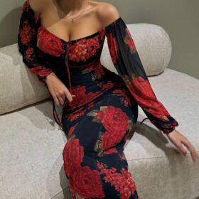 Kadın Balon Kol çiçek Desenli Maxi Boy Straplez Elbise