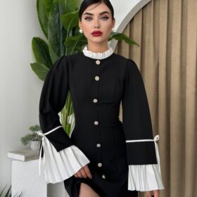 Kadın Krep Kumaş Kolları Ve Yakası Cesıka Düğme Aksesuarları Elbıse