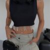 KETEN CROP KOLSUZ BLUZ SALLAMA TAŞLI - Siyah - Görsel 3