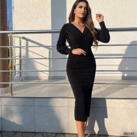Kadın Uzun Kollu Kruvaze Yaka Büzgü Ve Balon Kol Detay Krep Kumaş Maxi Boy Elbise