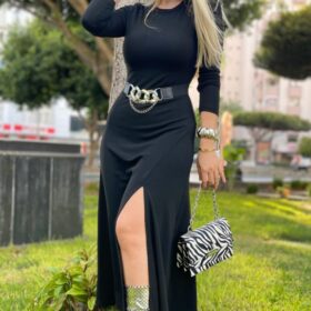 Kadın Uzun Kollu Bisiklet Yaka Yırtmaçlı Kemerli Uzun çilek Elbise