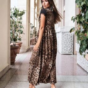 Kadın Leopar Desenli Dantelli Jesica Kumaş Maxi Boy Elbise