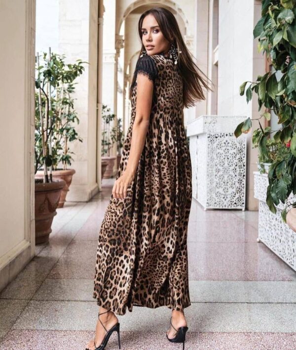 Kadın Leopar Desenli Dantelli Jesica Kumaş Maxi Boy Elbise - Görsel 2