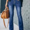 Kadın Yüksek Bel önden Düğmeli Cep Detay Ispanyol Paça Denim Pantolon