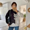 Kadın Uzun Kollu Kapşonlu Bağcıklı Kedi Desenli şardonlu Dalgıç Bluz - Görsel 5