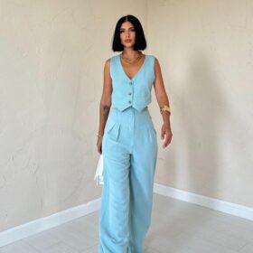Mint Önü Düğmeli Yelek Ve Pantolon Takım