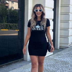 Kadın Kısa Kollu Queen Baskı Iki Iplik Mini Elbise
