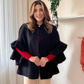 Kadın Fakir Kollu Fırfırlı Tek Düğme Yakalı önü Açık Kaşe Panço