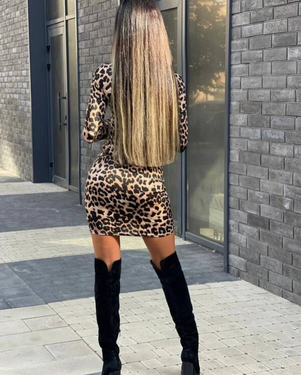 Kadın örme Viskon Kumaş Leopar Desenli çapraz Göğüs Detay Mini Boy Elbise - Görsel 5