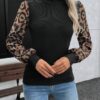Kadın Uzun Kollu Yarı Balıkçı Yaka Leopar Detaylı Kaşkorse Bluz