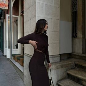 Kadın Sandy Kumaş Drabe Yaka Belinde Tül Detaylı Midi Boy Elbise