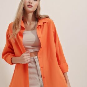 3900 Oversize Uzun Basic Gömlek - Turuncu