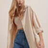 3900 Oversize Uzun Basic Gömlek - Krem - Görsel 3
