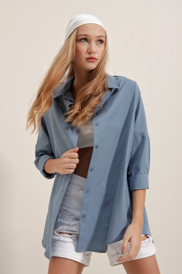 3900 Oversize Uzun Basic Gömlek - İndigo - Görsel 2