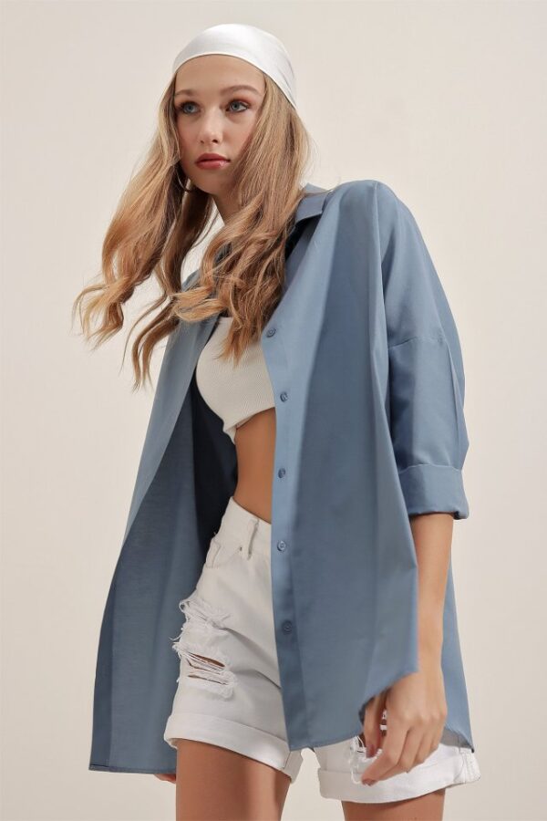 3900 Oversize Uzun Basic Gömlek - İndigo - Görsel 3