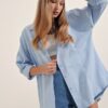 3900 Oversize Uzun Basic Gömlek - Mavi - Görsel 2