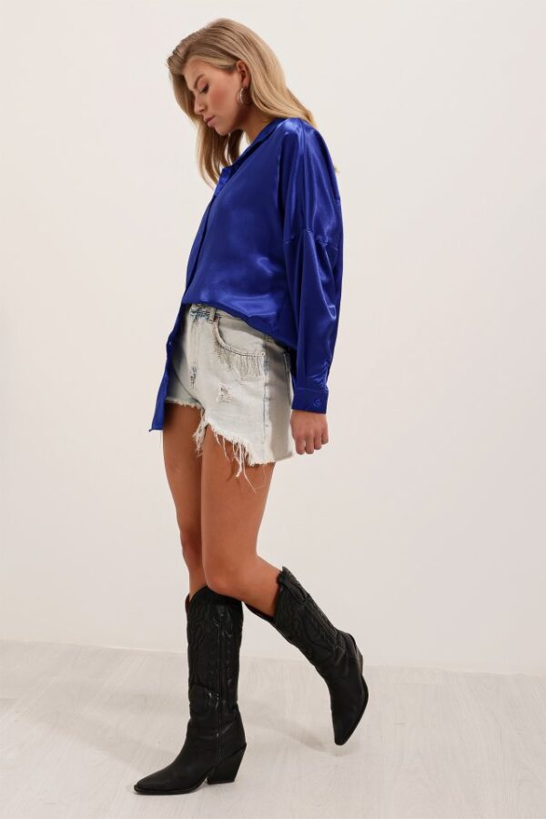 3985 Oversize Saten Gömlek - Saks - Görsel 2