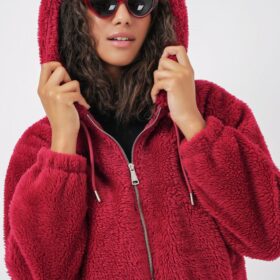 5193 Kapüşonlu Peluş Crop Ceket - Bordo