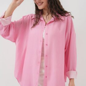 Çizgili Oversize Gömlek 20295 - Pembe