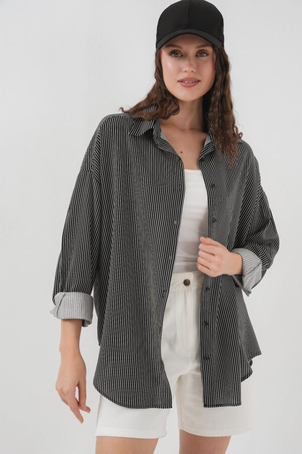 Çizgili Oversize Gömlek 20295 - Siyah