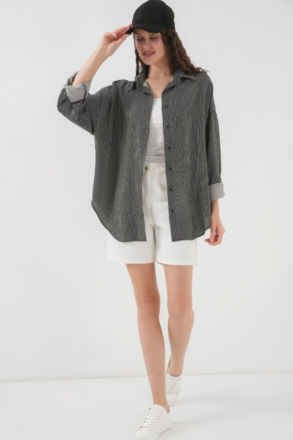 Çizgili Oversize Gömlek 20295 - Siyah - Görsel 2