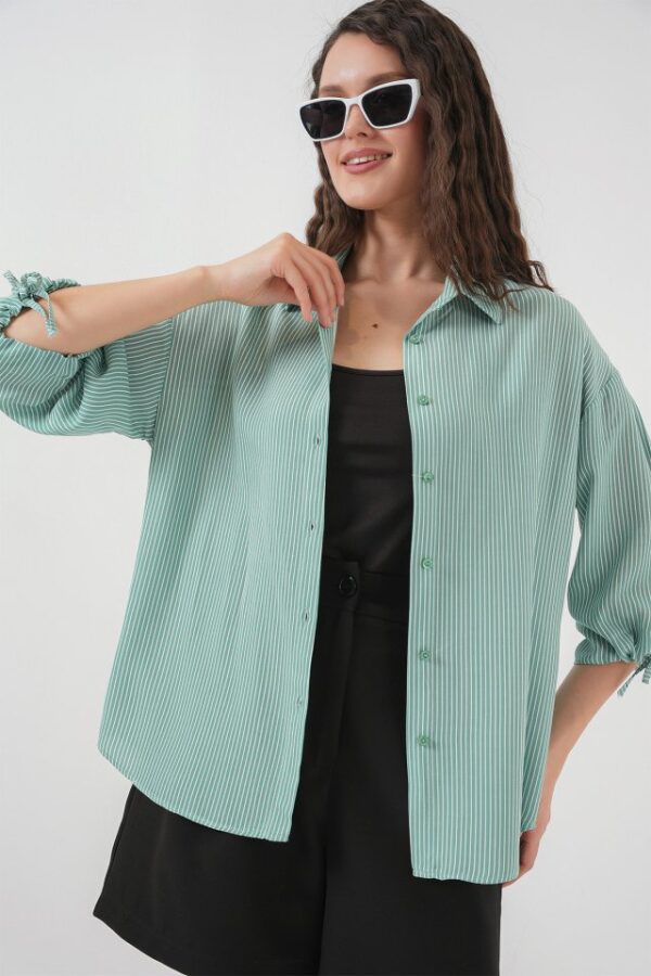 Çizgili Oversize Kısa Kol Gömlek 20296 - Mint - Görsel 3