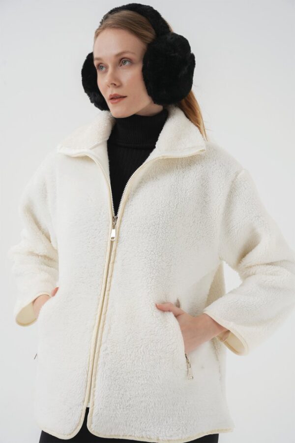 5211 Fermuarlı Peluş Mont - Ekru - Görsel 3