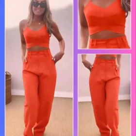 Askı Detaylı Crop Ve Pantolon Takım - Turuncu