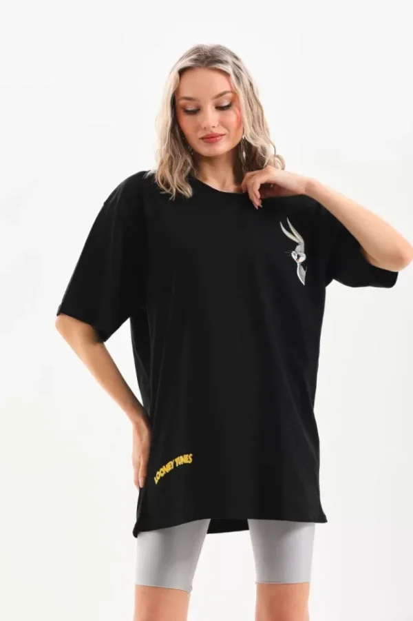 Unisex Baskılı Oversize T-Shirt - Siyah - Görsel 2