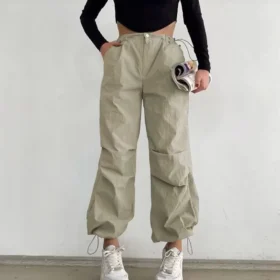 Paraşüt Kumaş Beli Lastikli Pantalon-Taş