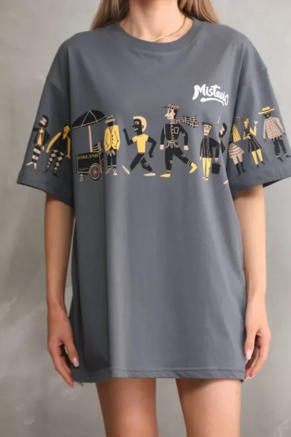 Unisex Bisiklet Yaka Baskılı Oversize T-Shirt - Gri - Görsel 2