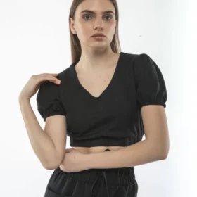 Kadin Keten Pantalon Ve Crop Takım - Siyah