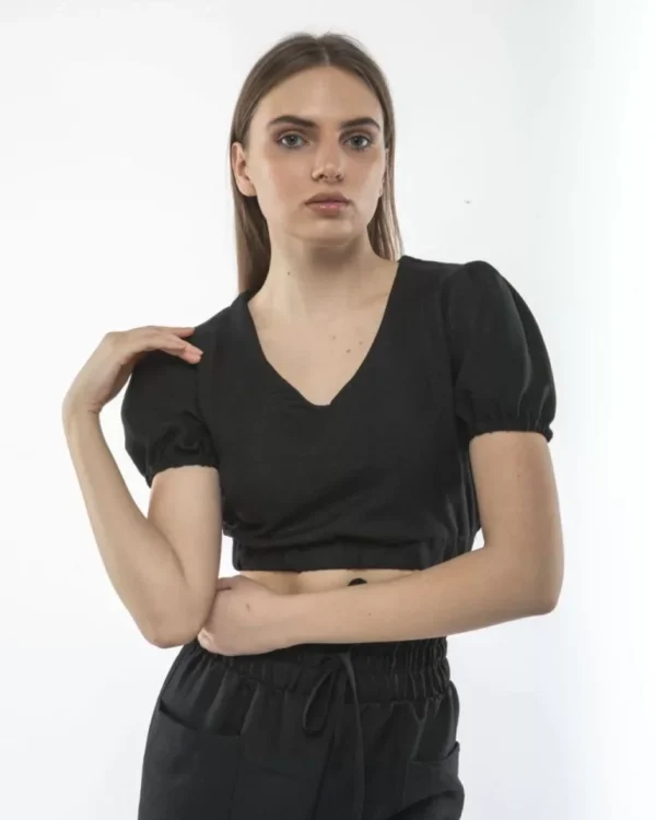 Kadin Keten Pantalon Ve Crop Takım - Siyah - Görsel 2